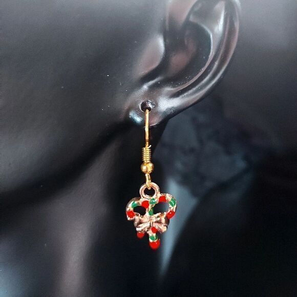 GOLD COLORFUL CHRISTMAS CANDY CANE BOW DANGLE EARRINGS - Picture 6 of 6
